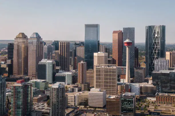 Aerial view of modern skyscrapers in Downtown Calgary, Alberta, Canada.