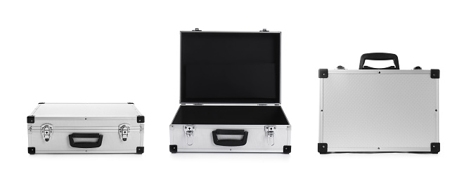 Set of modern suitcases on white background. Banner design