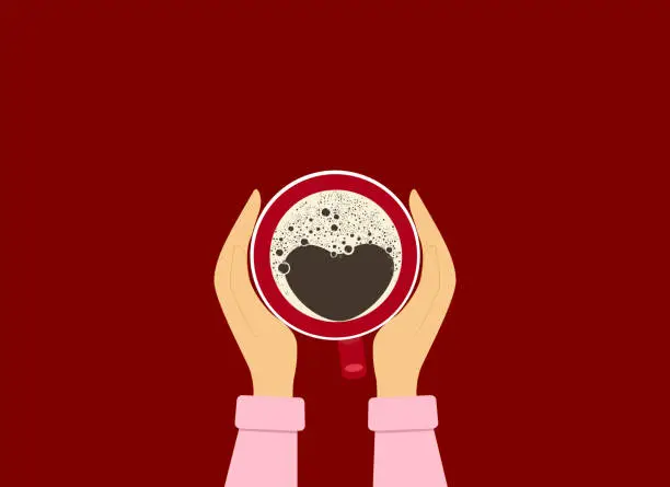 Vector illustration of Female hands hold a cup of coffee. View from above. Heart shaped foam on coffee