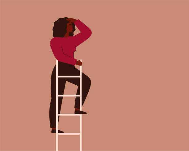 Businesswoman looks into the future at the top of ladder. Female entrepreneur searches for opportunities and new business ideas. Businesswoman looks into the future at the top of ladder. Female entrepreneur searches for opportunities and new business ideas. Concept of choosing the direction of development. Vector illustration ladder of success stock illustrations