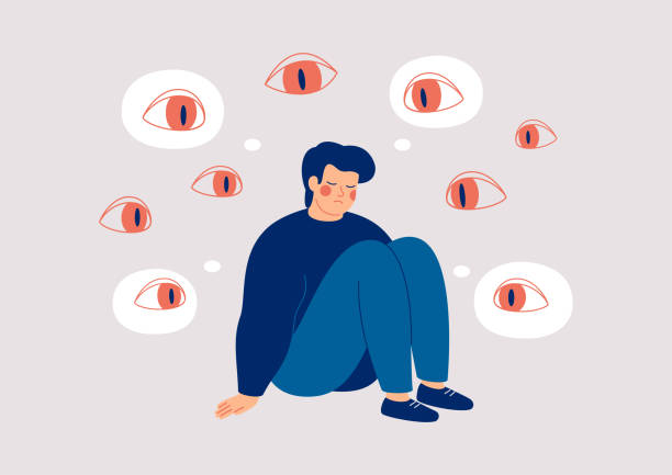 ilustrações, clipart, desenhos animados e ícones de homem triste cercado por olhos gigantes sentindo-se sobrecarregado e indefeso. garoto deprimido sofre de fobias e medos. o conceito psicológico de transtorno mental e paranoia. - paranoia terrified men horror