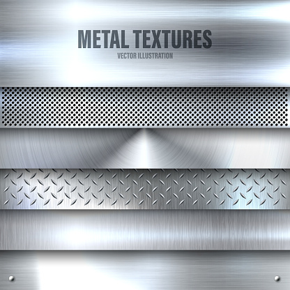 Realistic brushed metal textures set. Polished stainless steel background. Vector illustration