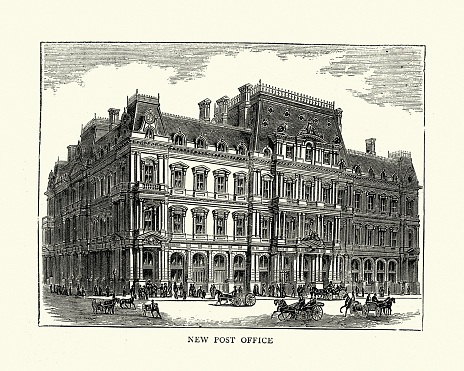 Vintage illustration of United States Post Office and Sub-Treasury Building, Boston, USA, 1872, Victorian architecture 19th Century