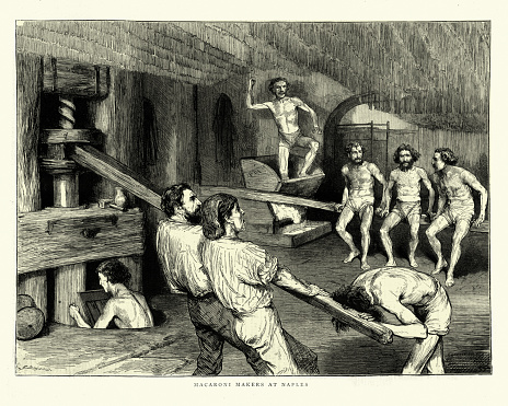 Vintage illustration of Pasta makers of Naples, Italy making Macaroni using giant press, 1870s, Victorian, 19th Century