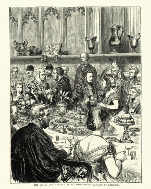 Lord Mayor's banquet at Guildhall London, 1870s, Victorian, 19th Century Vintage illustration of Lord Mayor's banquet at Guildhall London, 1870s, Victorian, 19th Century whitehall street stock illustrations