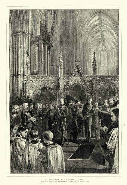 Funeral of Field Marshal Sir George Pollock in Westminster Abbey, 1872, Victorian 19th Century Vintage illustration of Funeral of Field Marshal Sir George Pollock in Westminster Abbey, 1872, Victorian 19th Century. Field Marshal Sir George Pollock, 1st Baronet GCB GCSI (4 June 1786 – 6 October 1872) was a British Indian Army officer. He first saw action at the Battle of Deeg and at the Siege of Bhurtpore during the Second Anglo-Maratha War before taking part in the Anglo-Nepalese War. military funeral stock illustrations