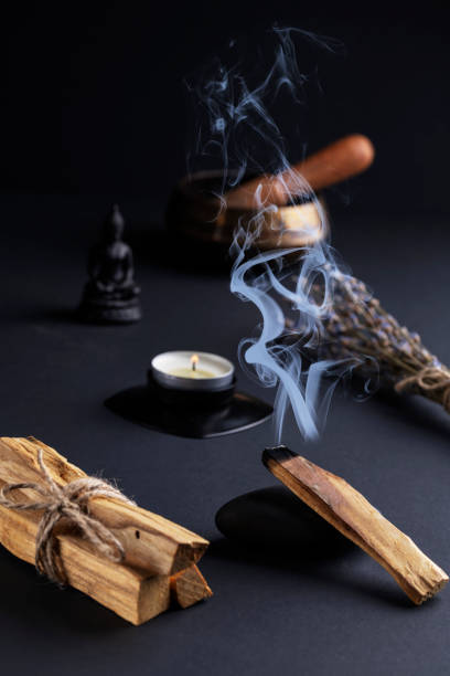 ritual items for meditation and relaxation. - burning incense imagens e fotografias de stock