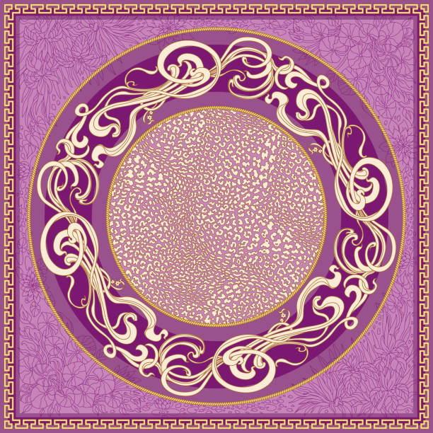 ilustraciones, imágenes clip art, dibujos animados e iconos de stock de chal púrpura con patrón de borde floral art nouveau, piel de leopardo, garabato de línea de flores de iris, patrón de meandro griego dorado - key pattern