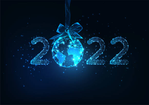 ilustrações de stock, clip art, desenhos animados e ícones de happy new year digital web banner template with futuristic glowing 2022 number and earth globe - mundial 2022