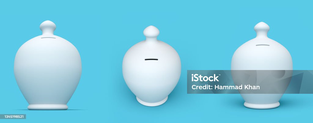 white porcelaine saving money bank isolated on blue background Piggy bank isolated 3d illustration Piggy Bank Stock Photo
