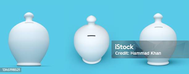 White Porcelaine Saving Money Bank Isolated On Blue Background Piggy Bank Isolated 3d Illustration Stock Photo - Download Image Now