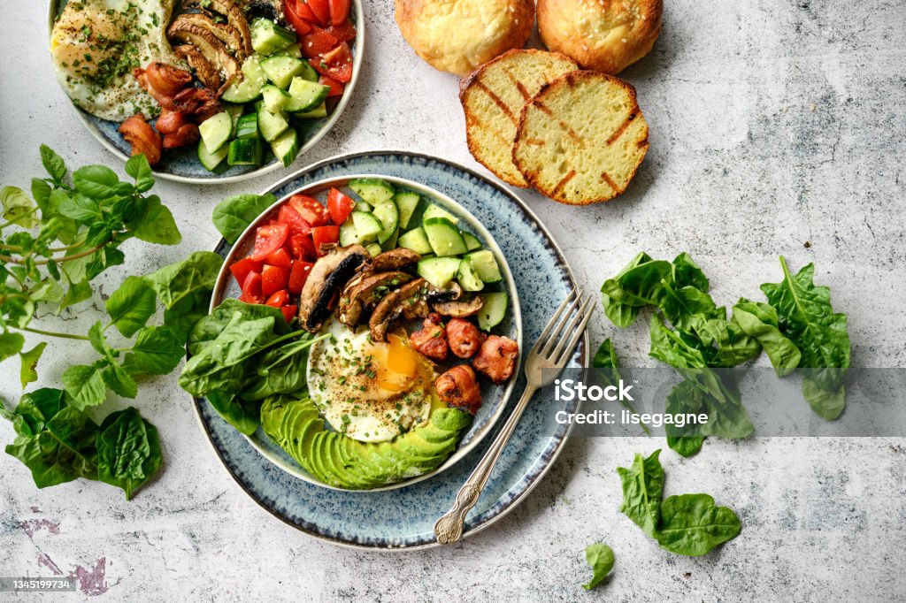 Breakfast Salad Diverse Keto Dishes, Quebec, Canada Healthy Eating Stock Photo