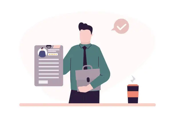 Vector illustration of EmployeÐµ hold resume and searching for job. Search work. Male worker holding and posting summary with rating. Recruitment staff and cv resume concept