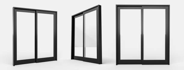 porte coulissante noire dans le magasin ou les vitrines. arrière-plan de la bannière. publicités. illustration 3d des technologies de construction modernes. - window frame window isolated clipping path photos et images de collection