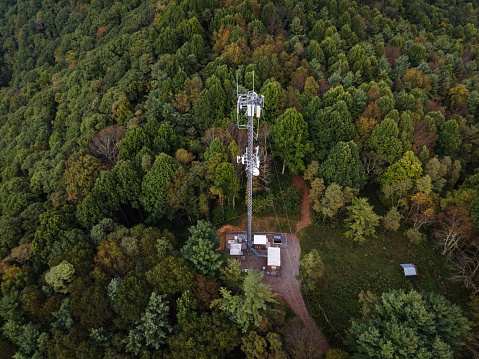 Drone view of cell tower antenna in the Pisgah National Forest in western North Carolina in the fall.