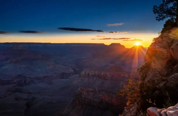 Sunrise Scenic view of the South Rim of the Grand Canyon. Looking down at the Bright Angel Trail