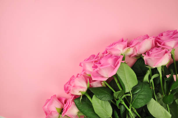 istock Bouquet of roses on pink background copy space 1345208809