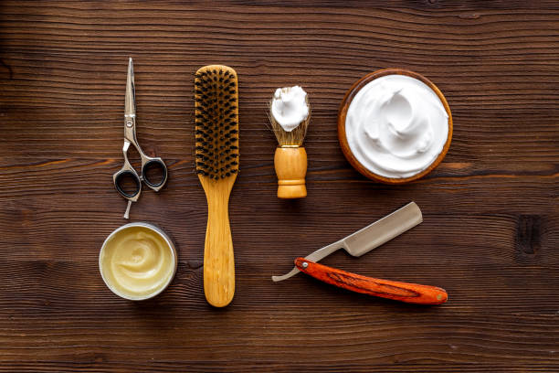 istock Set of barber tools with hairdressing scissors. Top view 1345210132
