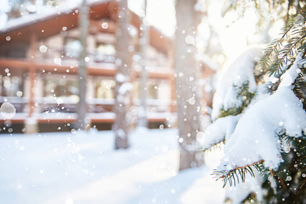 winter background with a defocused country house. snowfall. a place for the text - cold nobody snow winter imagens e fotografias de stock