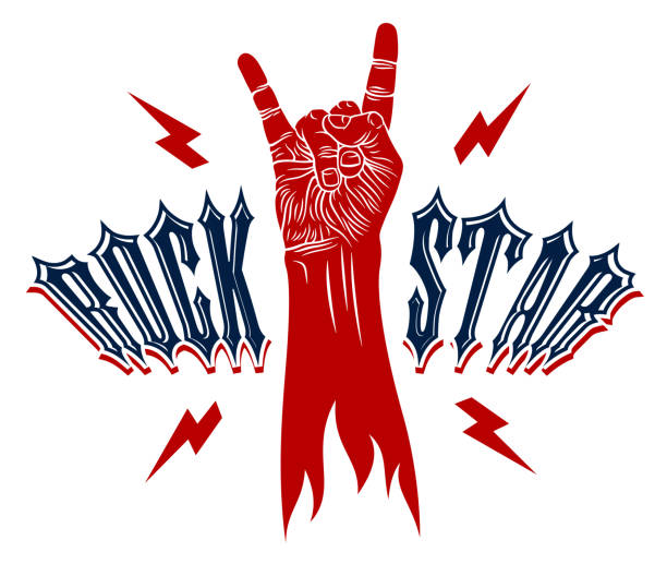 ilustrações de stock, clip art, desenhos animados e ícones de rock hand sign with lightning bolts, hot music rock and roll gesture, hard rock festival concert or club, vector label emblem or logo, musical instruments shop or recording studio. - typewriter key audio