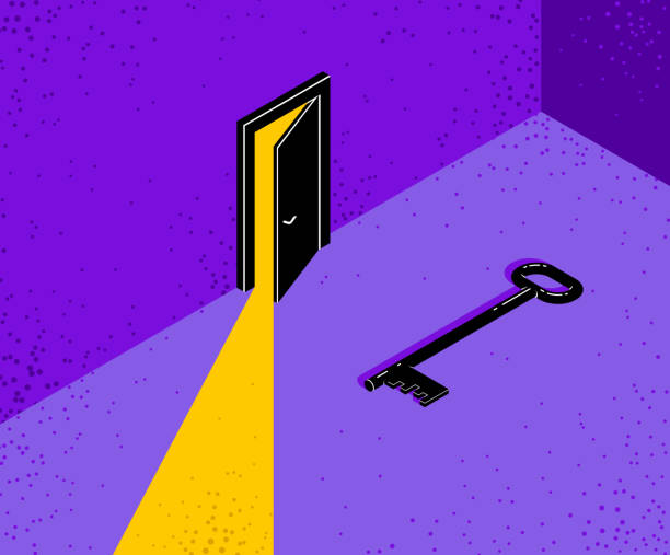 istock The key to success vector conceptual illustration with half open door giving light to dark place and key, new opportunities, secret mysterious door. 1345212750