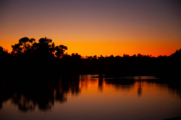 Lake shore at sunset stock photo