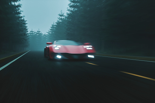 Speeding generic sports car on rural road. Car design is custom and not based on any real or conceptual car/brand. 3D generated image.