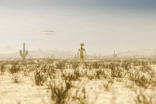 Alien walking in desert, 3D generated image.