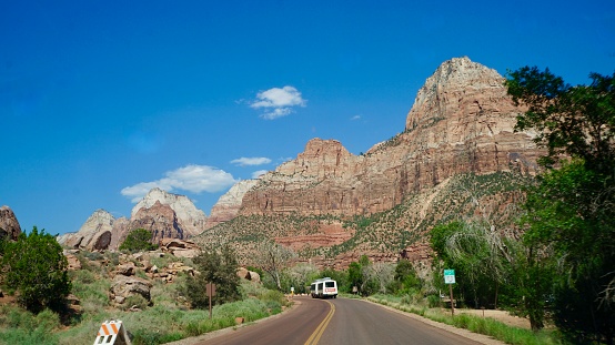Zion National Park in Utah, United States.\nA free shuttle runs to the entrance to The Narrows.\nThe mountains of The Narrows.