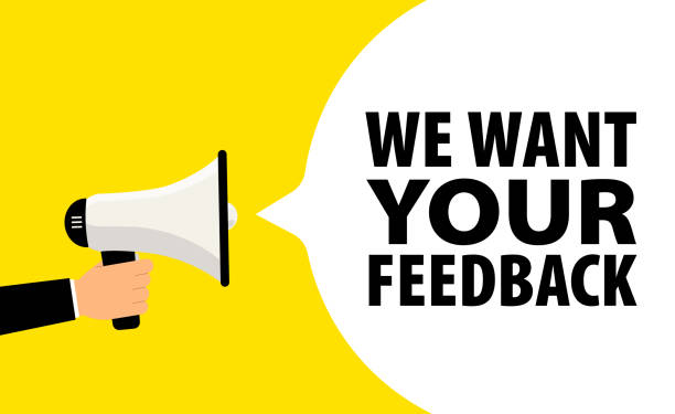 istock We want your feedback. Customer feedbacks survey opinion service, megaphone in hand promotion banner. Promotional advertising, marketing speech or client support vector illustration 1345222319