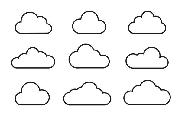 ilustrações, clipart, desenhos animados e ícones de linha de nuvens vetoriais definida em estilo plano - nuvem