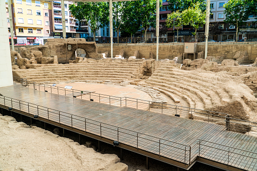 Zaragoza, Spain - July 30, 2021: The Roman Theater was built in the 1st century AD and was used until the 3rd century.