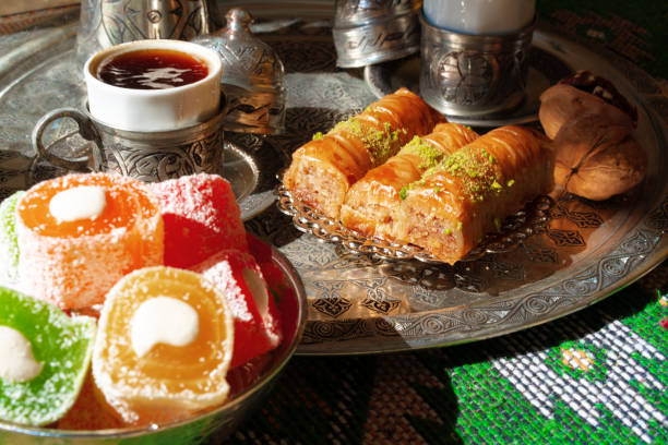 istock Turkish Coffee served with Turkish Delight on metal tray 1345223723