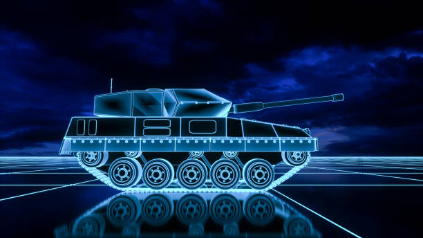 istock a neon glowing tank in a digital world (3d rendering) 1345226218