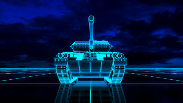 istock a neon glowing tank in a digital world (3d rendering) 1345226222