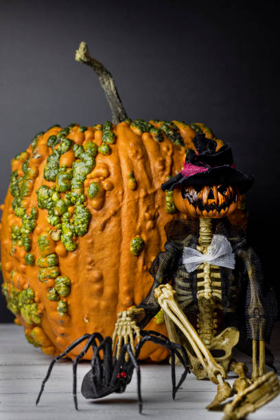istock Textured pumpkin and Halloween pumpkin head ghoul with black widow spider 1345227300