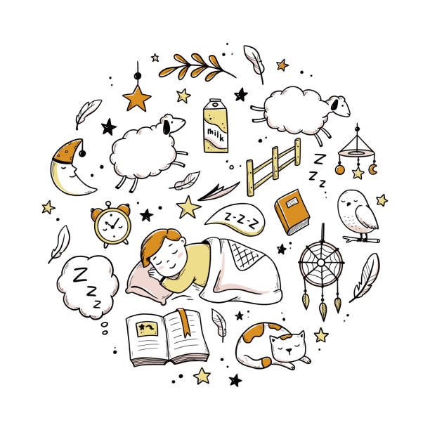 Sleep, relax time, dream night doodle set Sleep, relax time, dream night doodle set. Concept comfort night sleep time. Hand drawn sketch style. Moon, cat, star, lamp element. Vector illustration on white background. drawing of mattress stock illustrations
