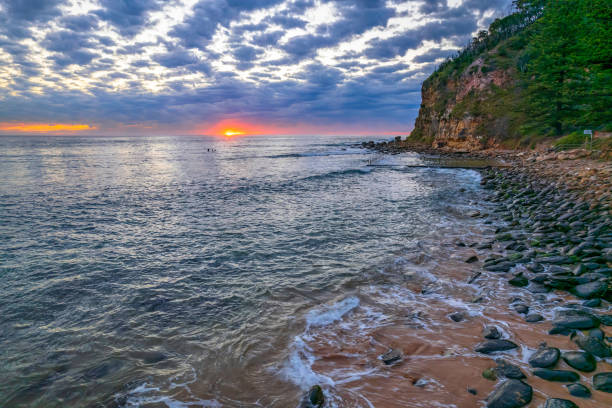 istock Sunrise at the seaside under a cloud filled sky 1345228819