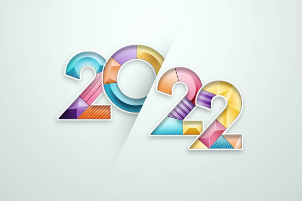 istock Multi-colored numbers 2022 on a light background. Happy New Year. Modern design, Template, header for the site, poster, New Year's card, flyer. 3D illustration, 3D render. 1345231477
