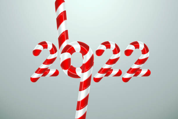 istock 2022 from Christmas sweets, candies on a light background. Happy New Year. Modern design, Template, header for the site, poster, New Year's card, flyer. 3D illustration, 3D render. 1345231502