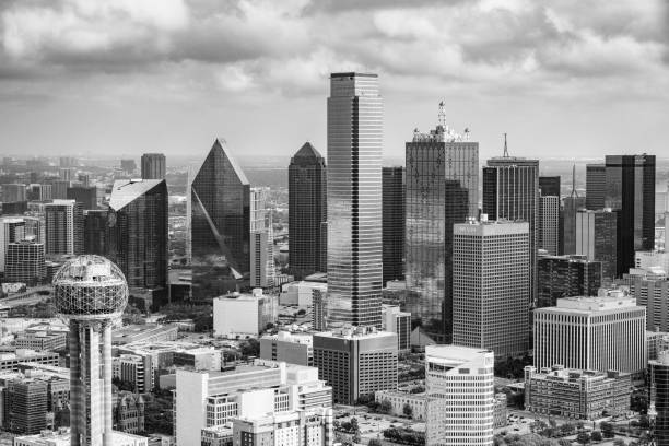 The beautiful modern skyline of Dallas, Texas shot aerially from an altitude of about 800 feet.
