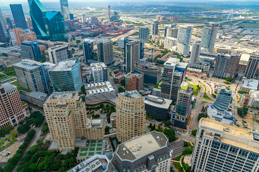 The beautiful modern city of Dallas, Texas shot aerially from an altitude of about 1000 feet directly overhead.