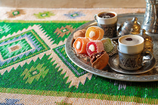 istock Turkish Coffee served with Turkish Delight on metal tray 1345237685