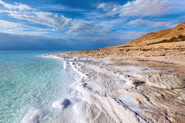 blick aus dem toten meer küste - salz mineral stock-fotos und bilder