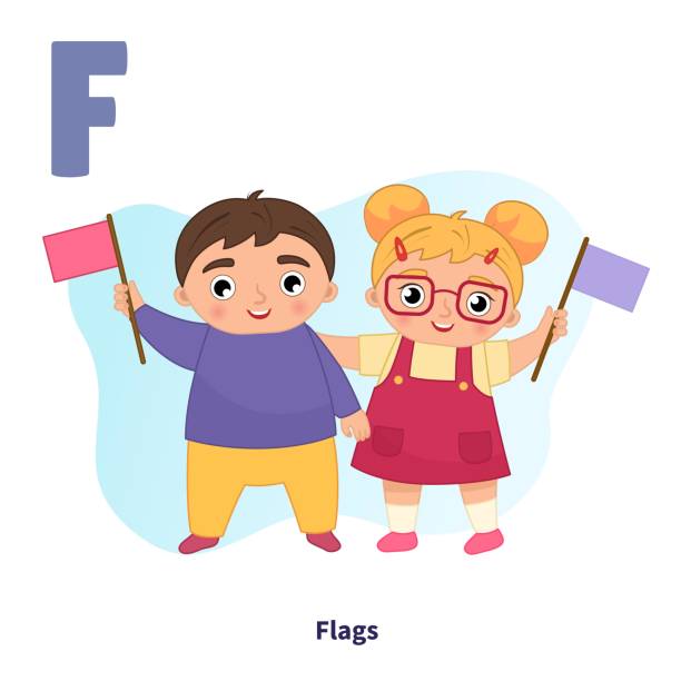 ilustrações de stock, clip art, desenhos animados e ícones de english alphabet with cartoon cute children illustrations. - letter f flash