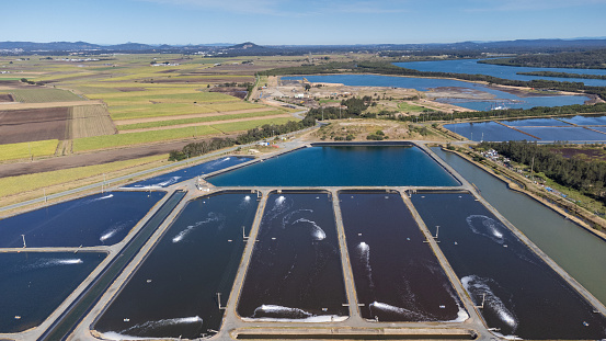 Aquaculture ponds used for large-scale fish and prawn farming  in rural Australia