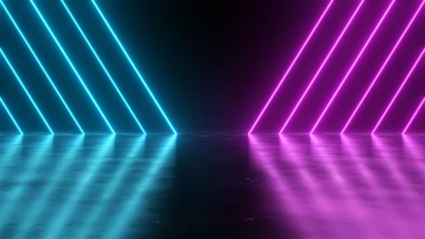 istock Blue Pink Neon Lines Diagonal Angle Stripes Glow Reflections Flicker - Abstract Background Texture 1345247844