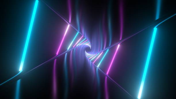 istock Ultraviolet Neon Laser Beam Glow Illuminated Reflective Twist Tunnel - Abstract Background Texture 1345247868