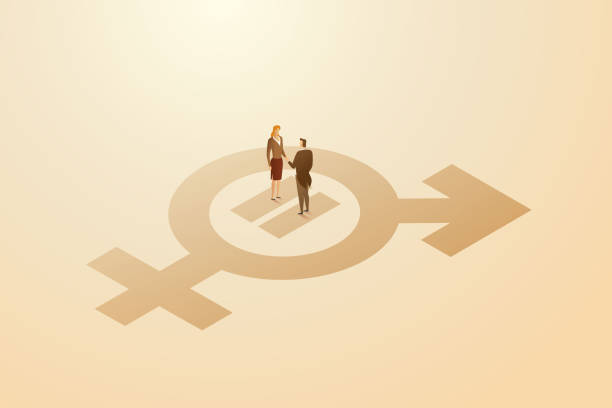 Gender equality businessman and businesswoman holding hands. Businessman and businesswoman standing holding hands on a sex symbol concept of gender equality. isometric vector illustration. equality stock illustrations