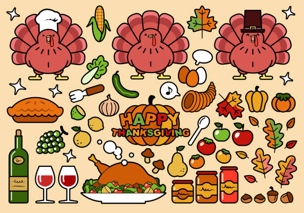 niedliches icon-set (designelemente) von thanksgiving day in farbigen pastelltönen - thanksgiving symbol turkey apple stock-grafiken, -clipart, -cartoons und -symbole